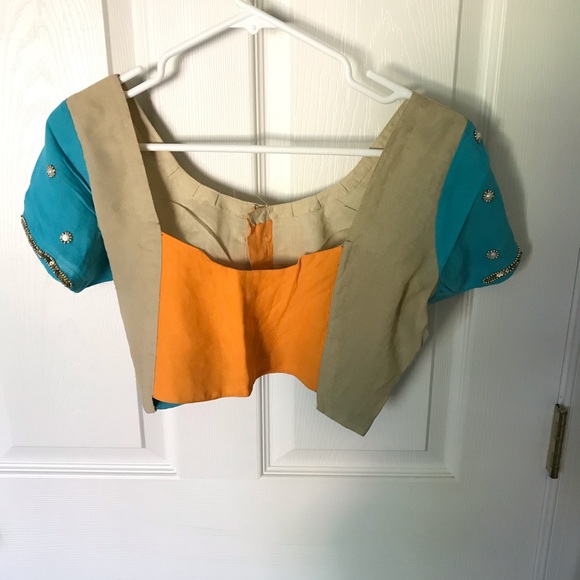 Blue and Orange and Beige Georgette Sari - Picture 5 of 6